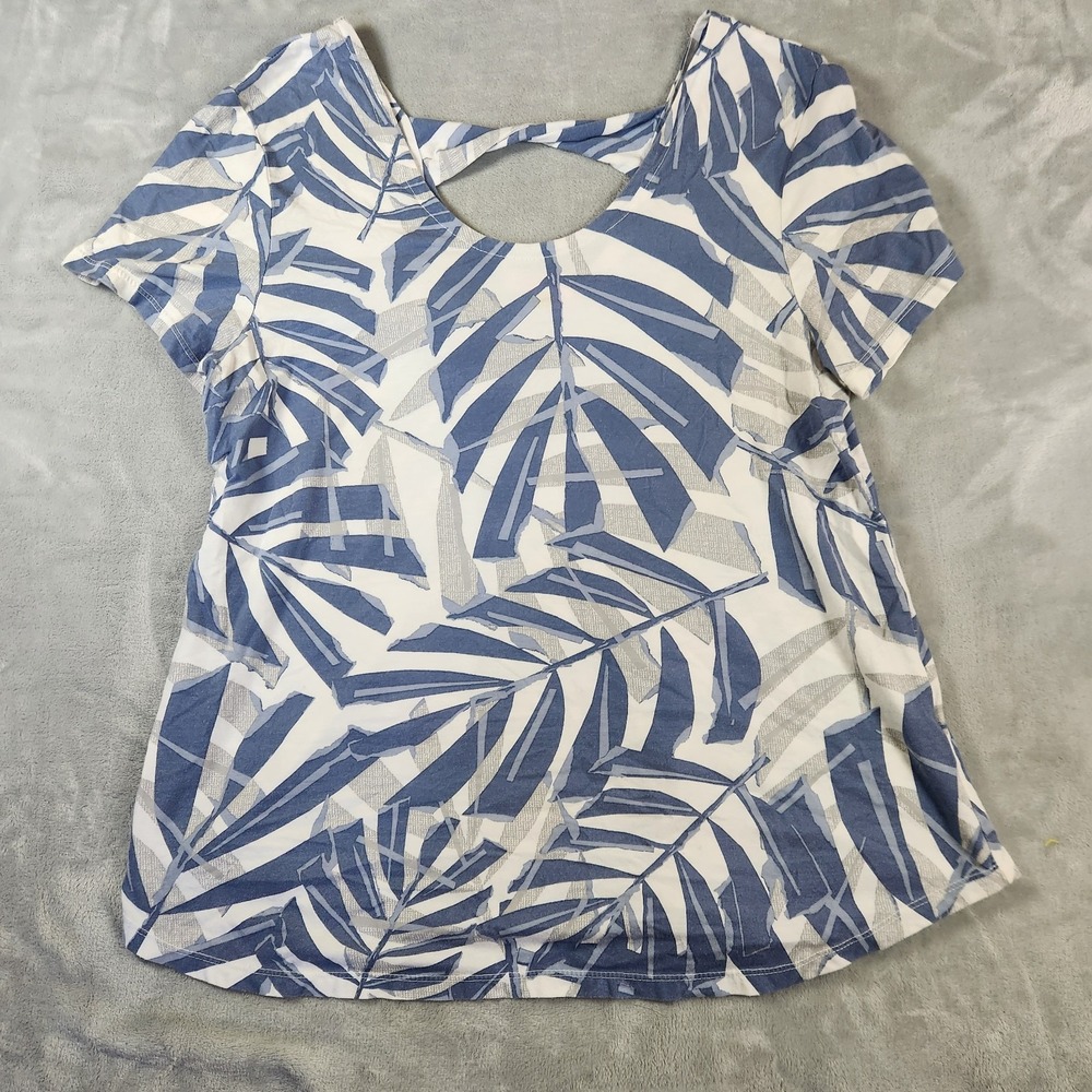 Fresh‎ Produce  Womens  L Blue Tropical Scoop Neck Keyhole Coastal Grandma